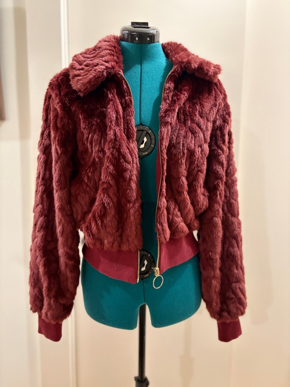 Express Faux Fur Bomber Jacket in Wine